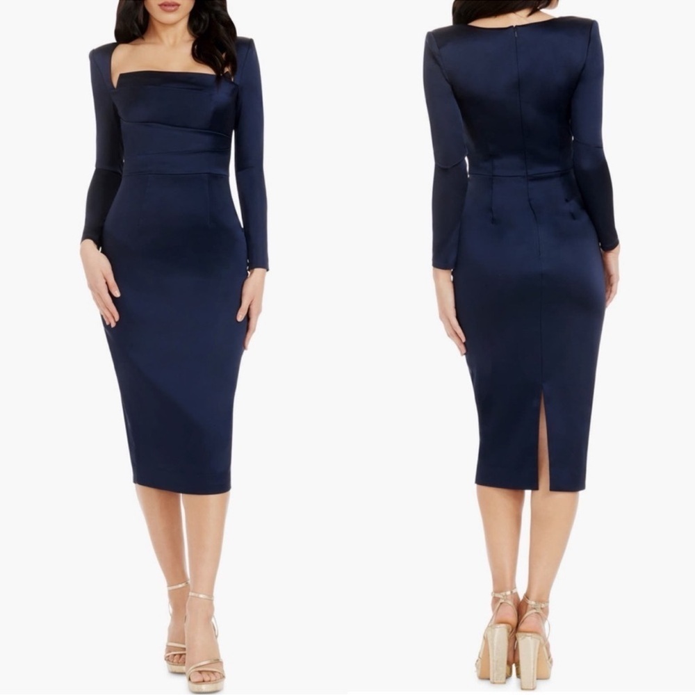 NWOT Dress the Population Navy Pamela Long Sleeve Satin Dress sz XS